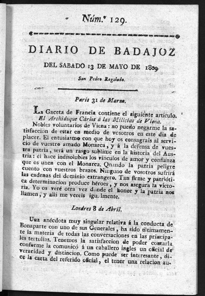 Miniatura de Diario de Badajoz del sábado 13 de Mayo de 1809