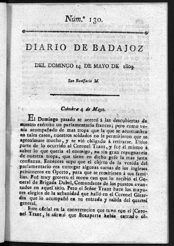 Miniatura de Diario de Badajoz del domingo 14 de Mayo de 1809