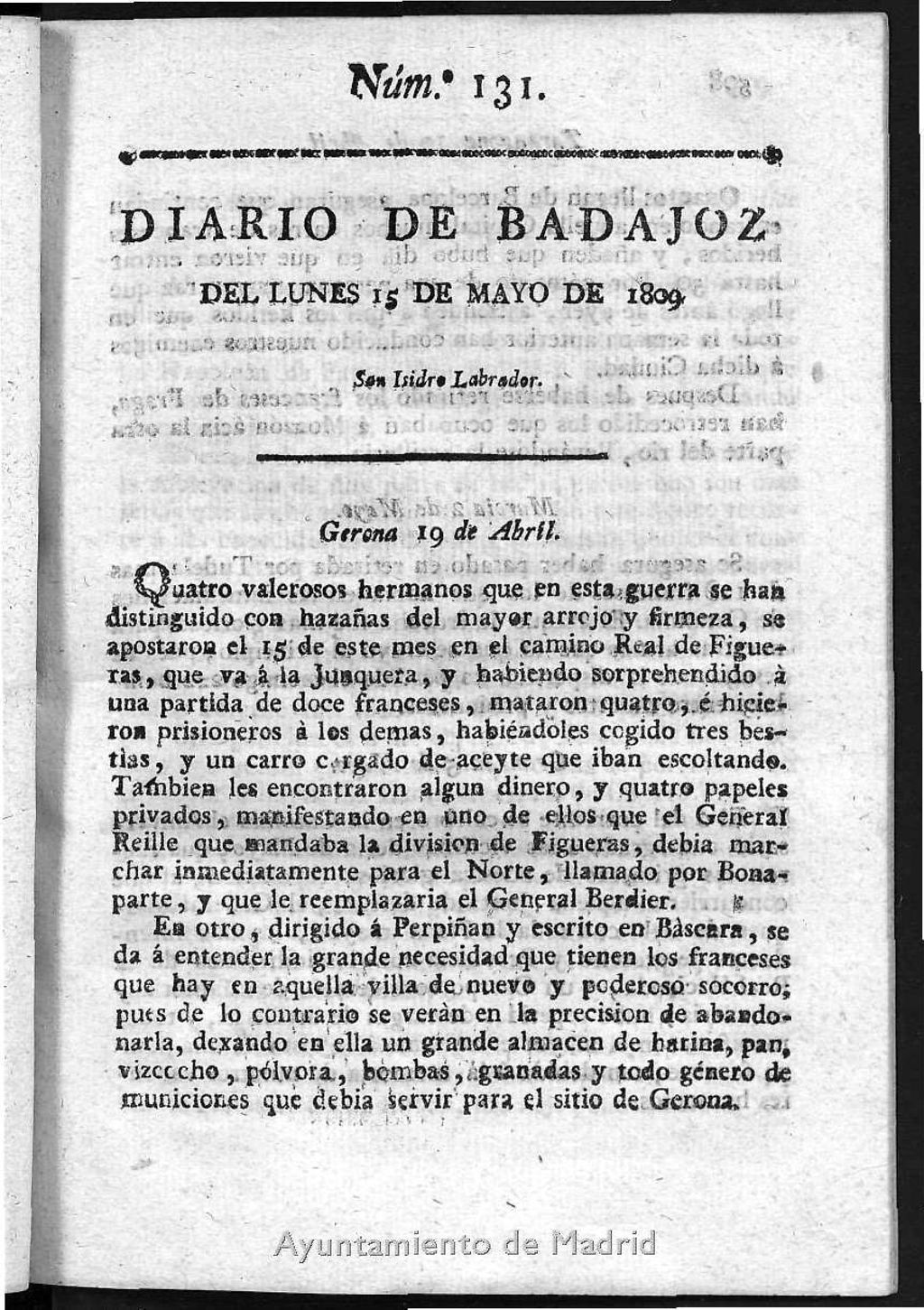 Miniatura de Diario de Badajoz del lunes 15 de Mayo de 1809