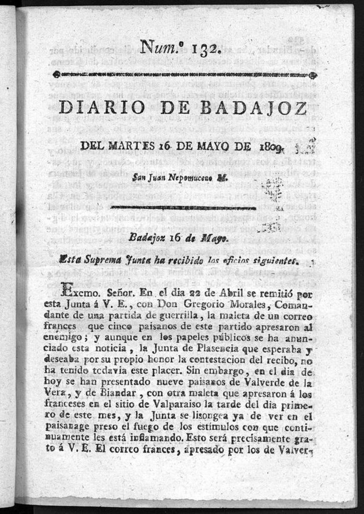 Miniatura de Diario de Badajoz del martes 16 de Mayo de 1809
