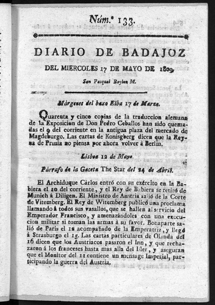 Miniatura de Diario de Badajoz del miercoles 17 de Mayo de 1809