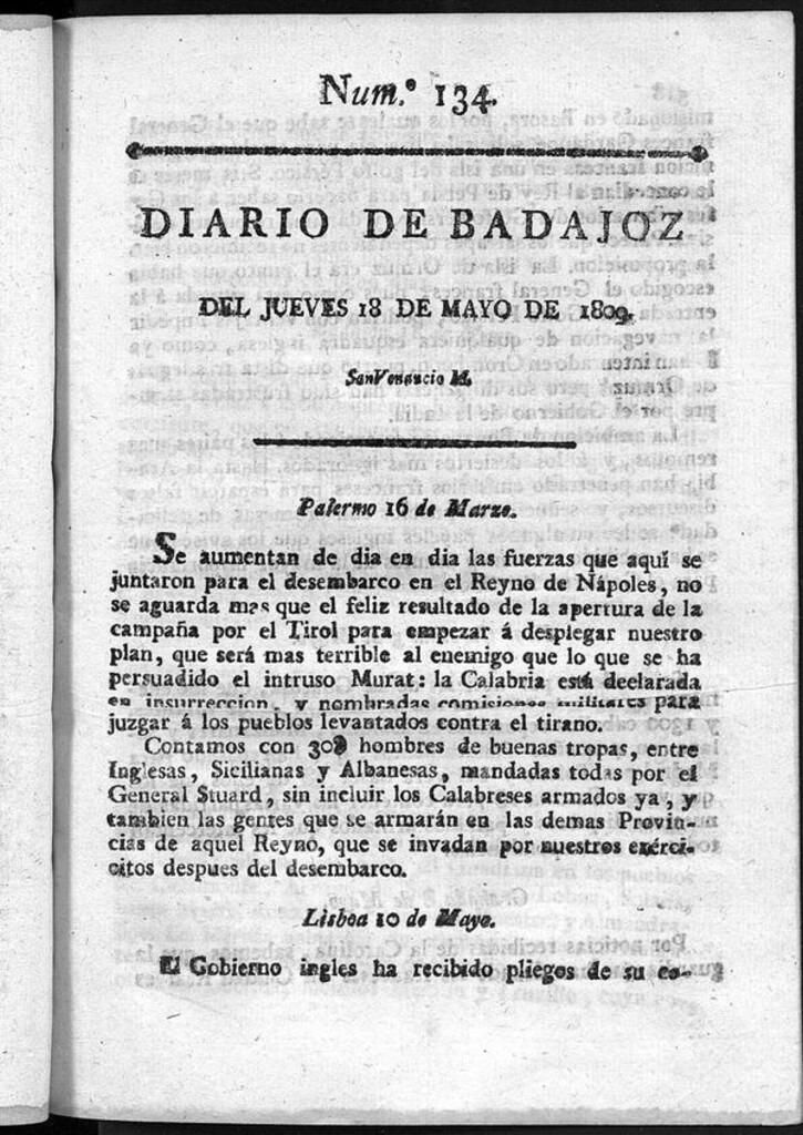 Miniatura de Diario de Badajoz del jueves 18 de Mayo de 1809