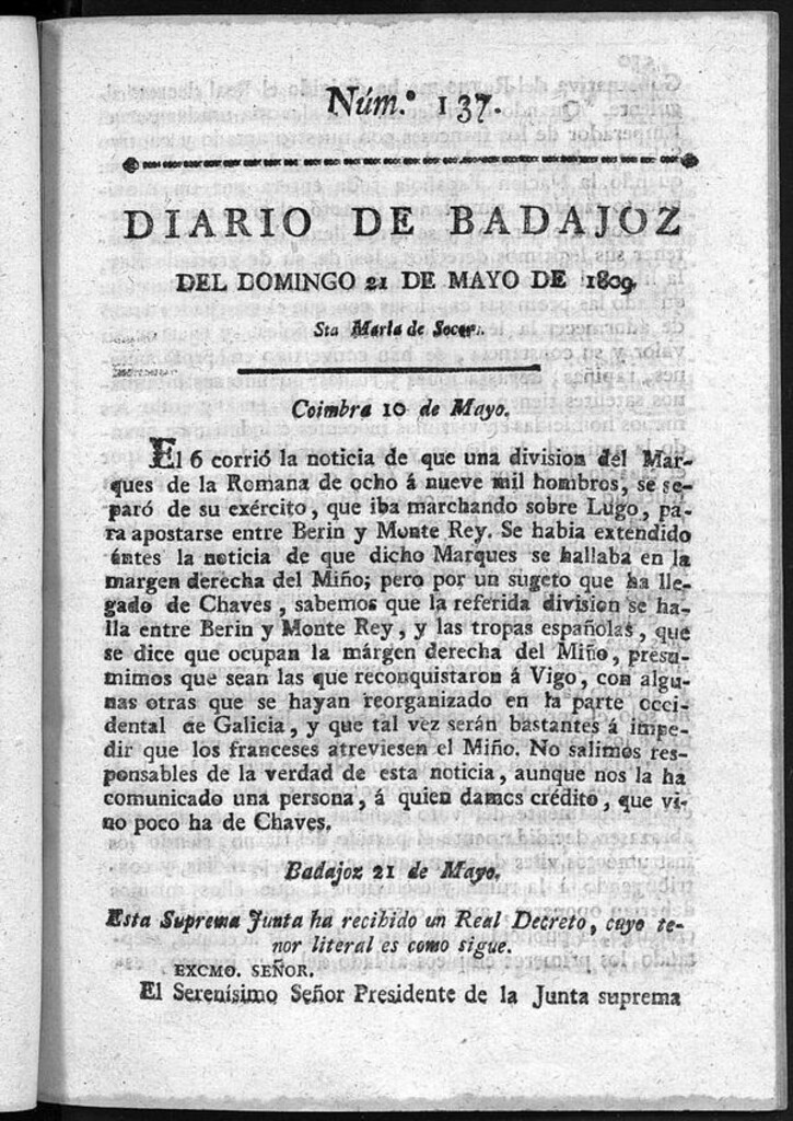 Miniatura de Diario de Badajoz del domingo 21 de mayo de 1809