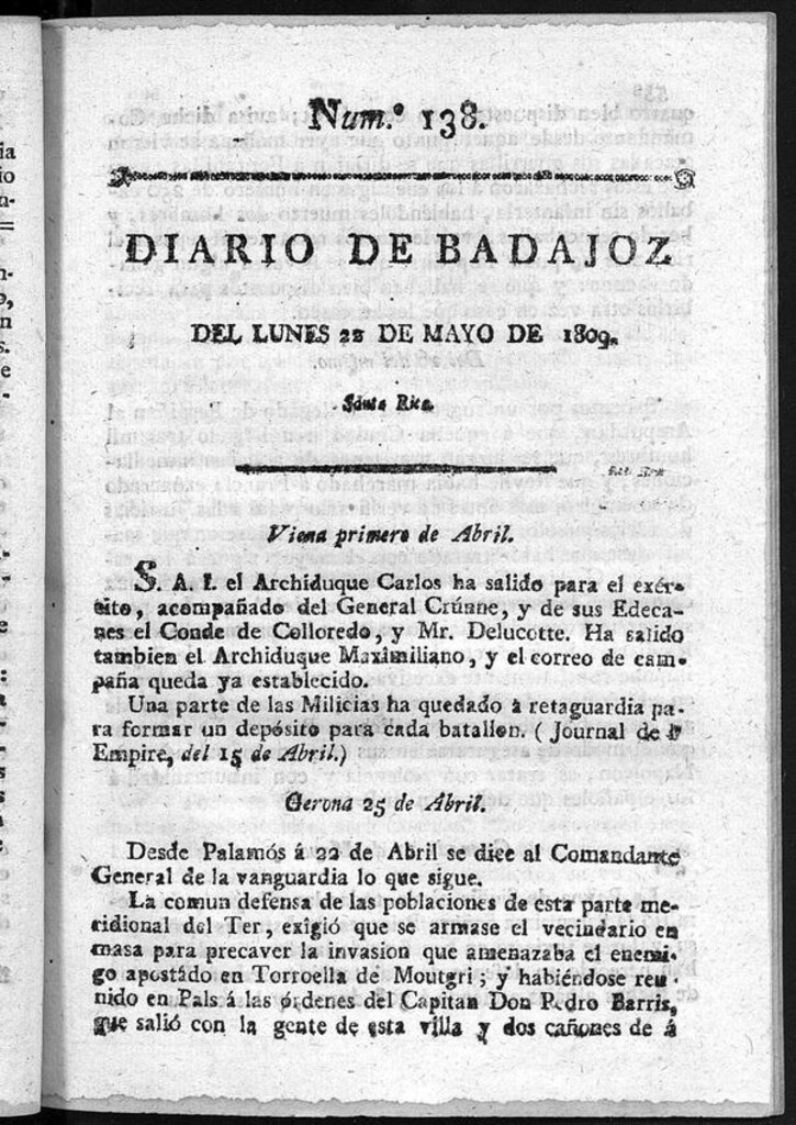 Miniatura de Diario de Badajoz del lunes 22 de mayo de 1809