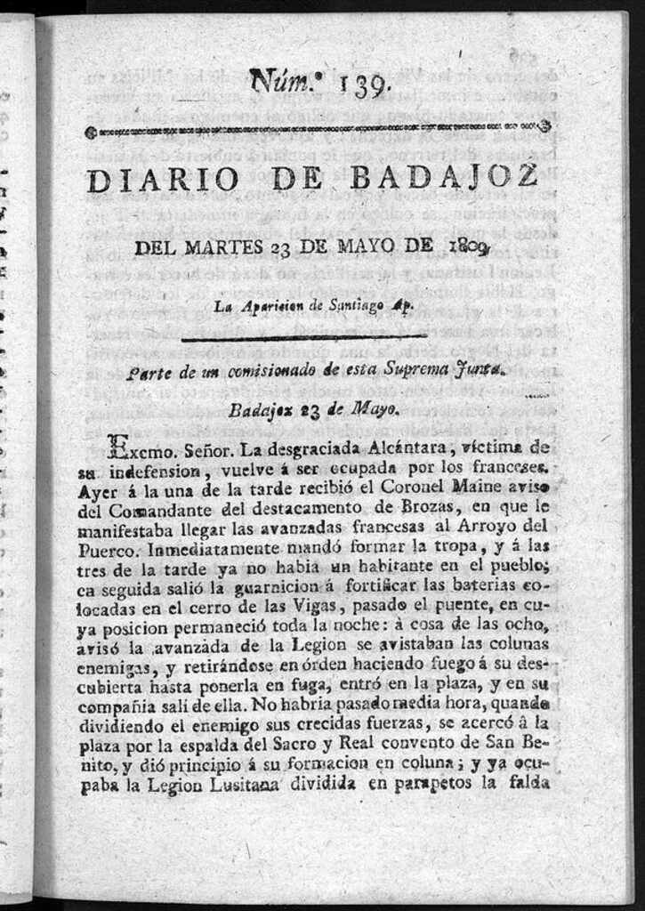 Miniatura de Diario de Badajoz del martes 23 de mayo de 1809