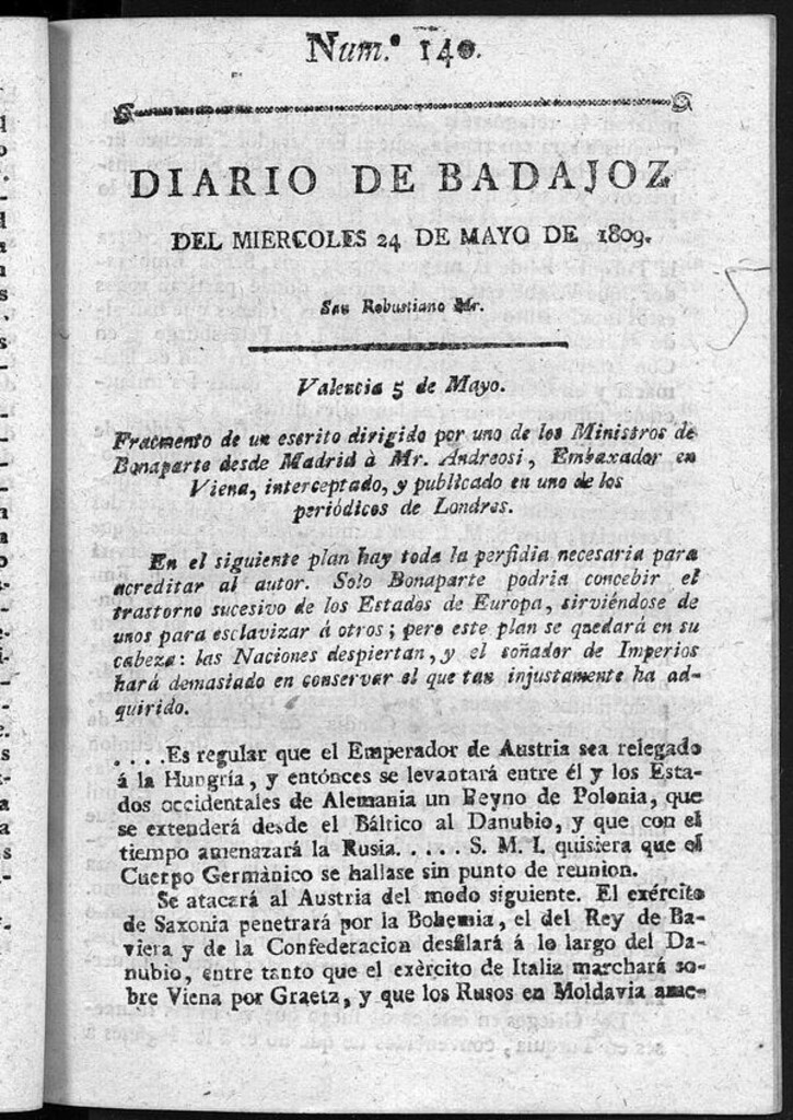 Miniatura de Diario de Badajoz del miércoles 24 de mayo de 1809