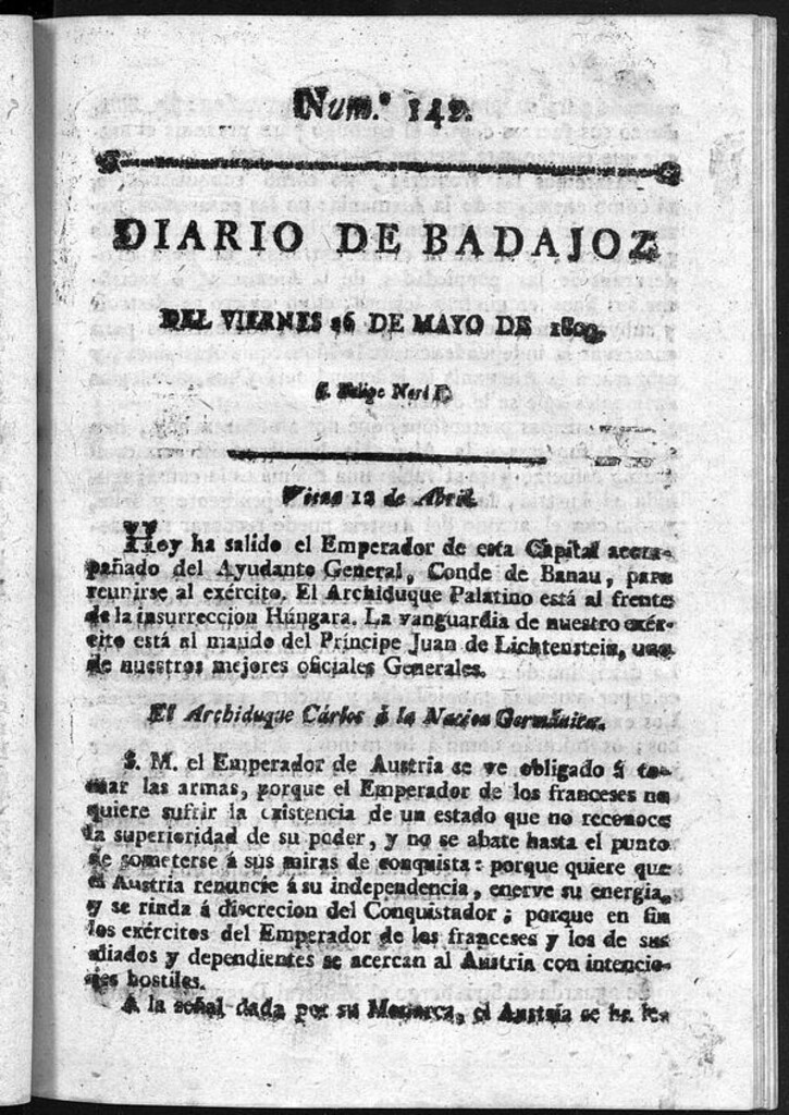 Miniatura de Diario de Badajoz del viernes 26 de mayo de 1809