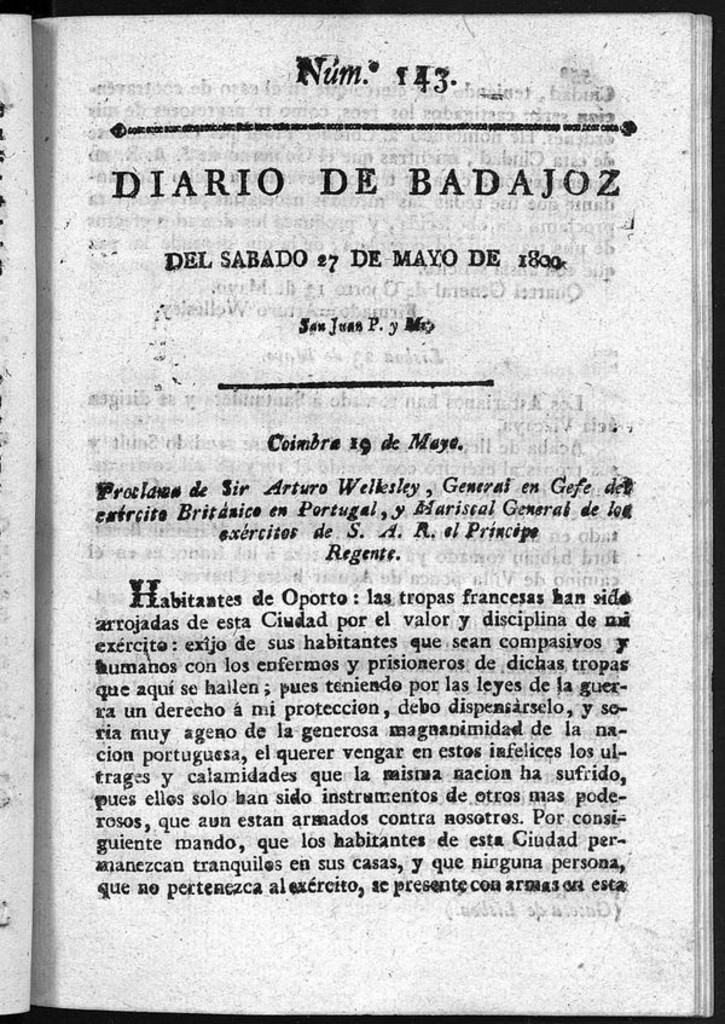Miniatura de Diario de Badajoz del sábado 27 de mayo de 1809