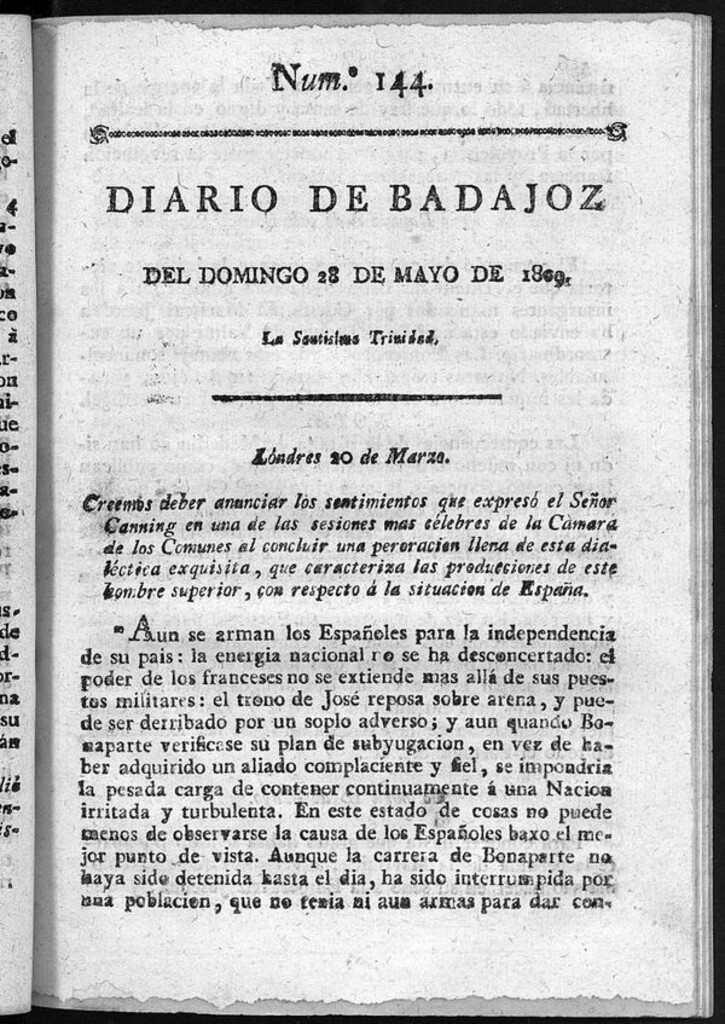 Miniatura de Diario de Badajoz del domingo 28 de mayo de 1809