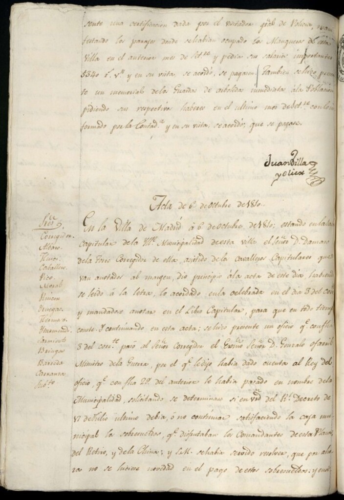 Miniatura de Libro de Acuerdos del Ayuntamiento de Madrid del 6 de octubre de 1810