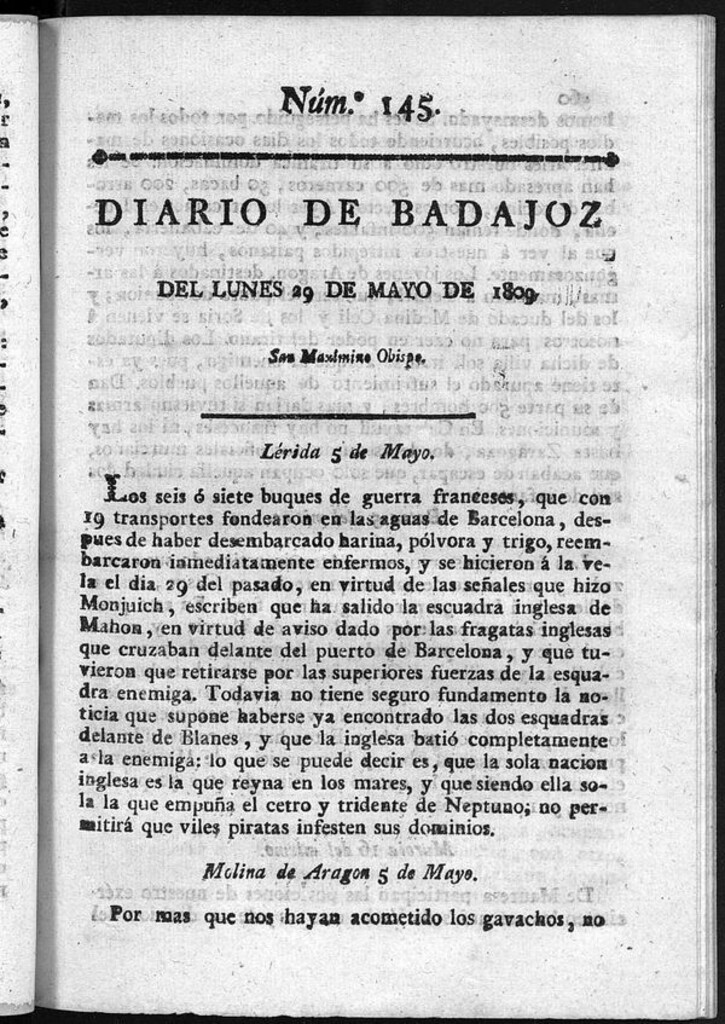 Miniatura de Diario de Badajoz del lunes 29 de mayo de 1809
