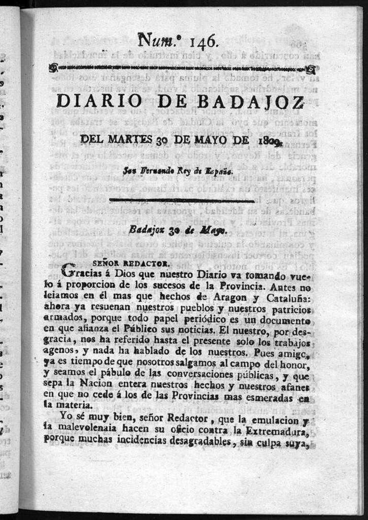 Miniatura de Diario de Badajoz del martes 30 de mayo de 1809