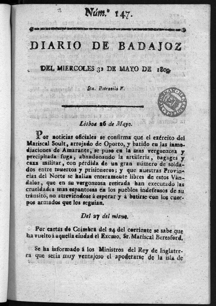 Miniatura de Diario de Badajoz del miércoles 31 de mayo de 1809