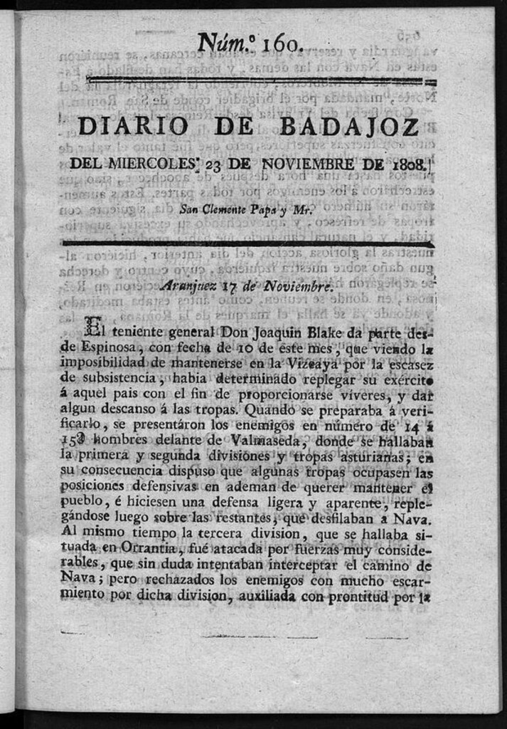 Miniatura de Diario de Badajoz del miércoles 23 de noviembre de 1808