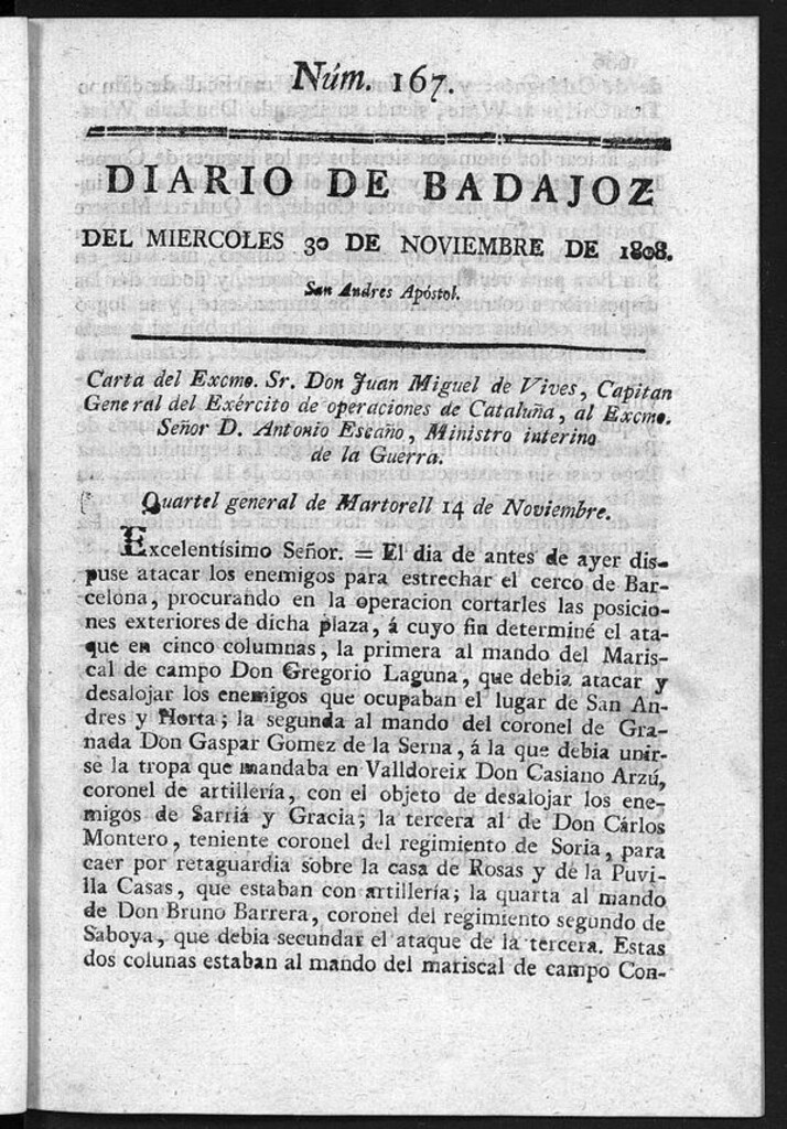 Miniatura de Diario de Badajoz del miércoles 30 de noviembre de 1808