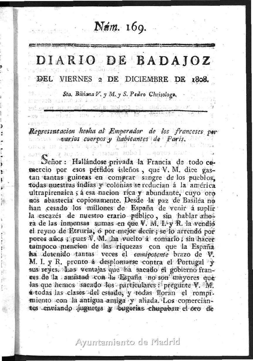 Miniatura de Diario de Badajoz del viernes 2 de diciembre de 1808
