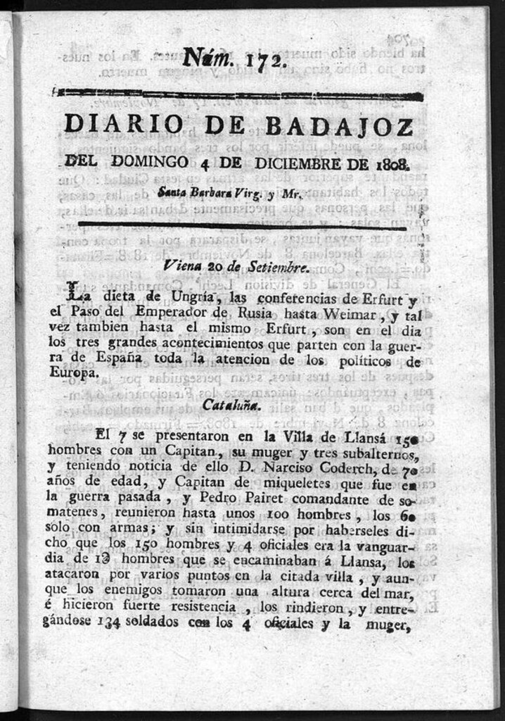 Miniatura de Diario de Badajoz del domingo 4 de diciembre de 1808