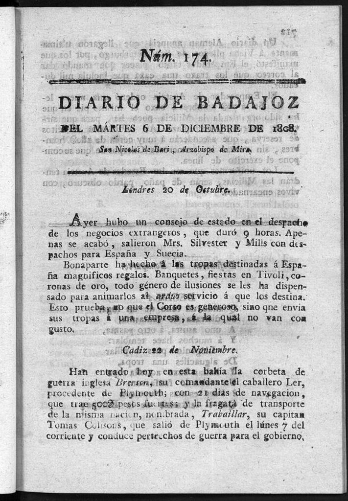 Miniatura de Diario de Badajoz del martes 6 de diciembre de 1808