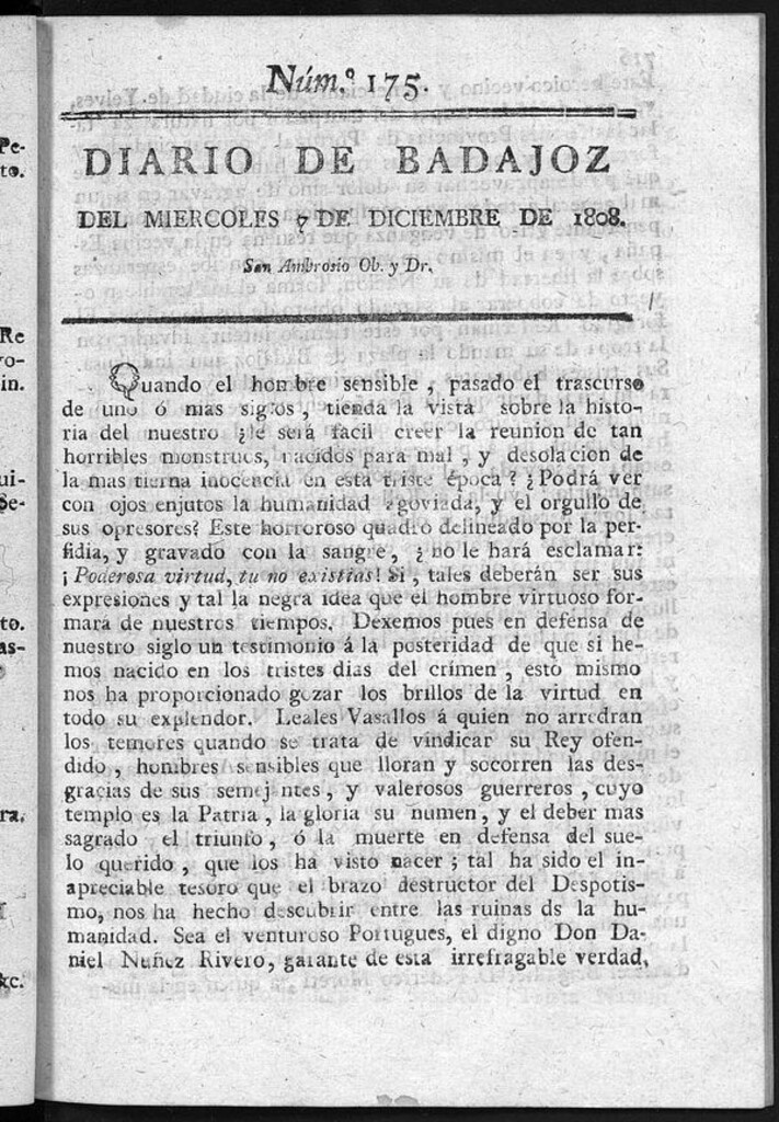 Miniatura de Diario de Badajoz del miércoles 7 de diciembre de 1808