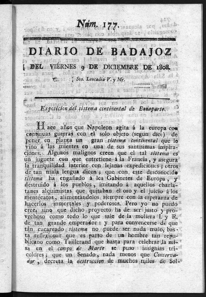 Miniatura de Diario de Badajoz del viernes 9 de diciembre de 1808