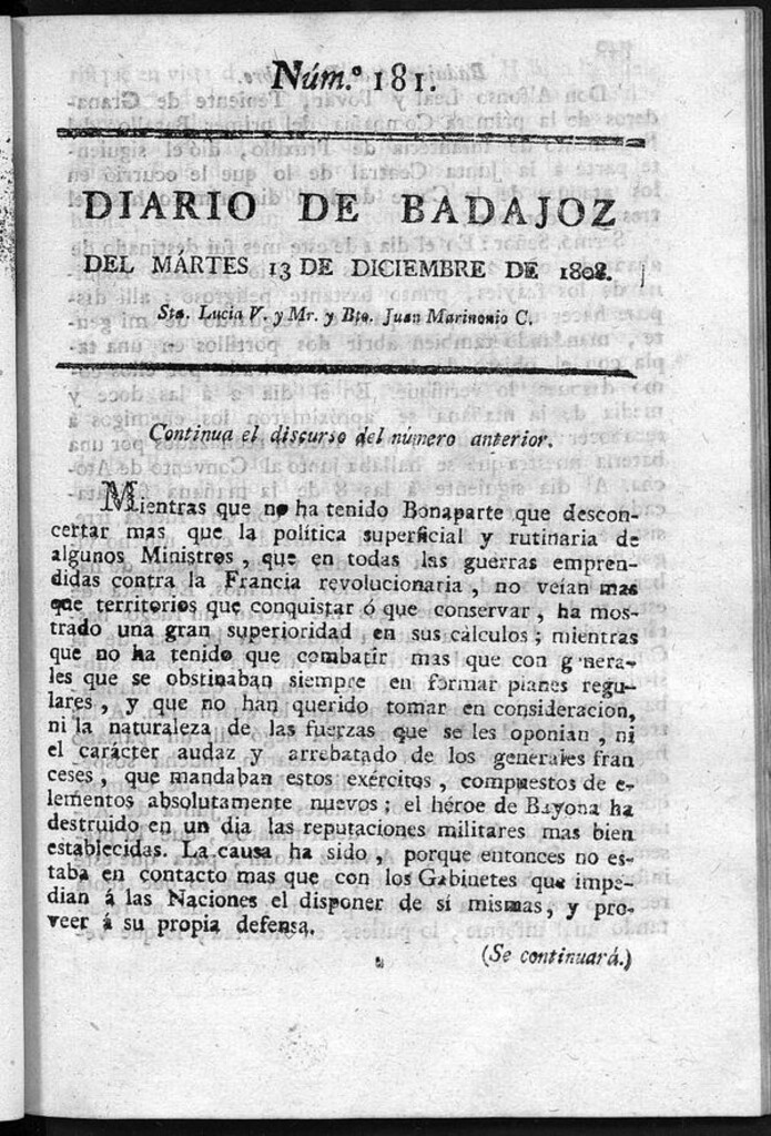 Miniatura de Diario de Badajoz del martes 13 de diciembre de 1808