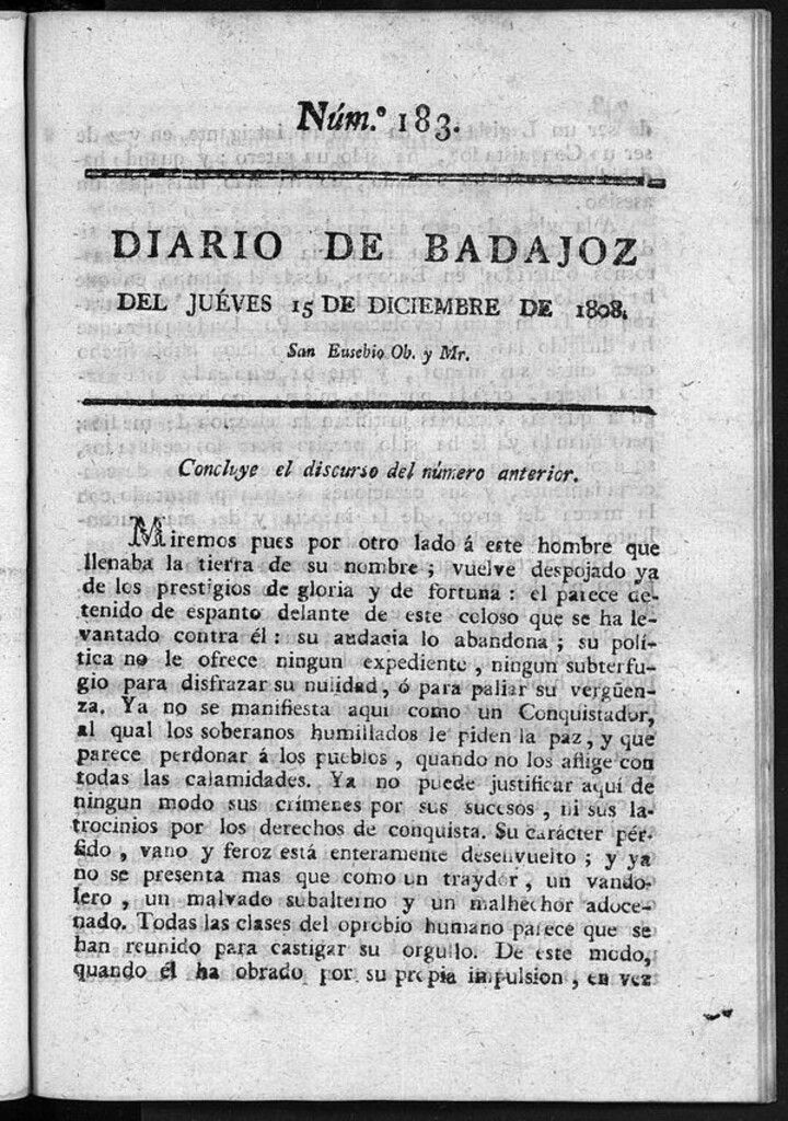 Miniatura de Diario de Badajoz del jueves 15 de diciembre de 1808