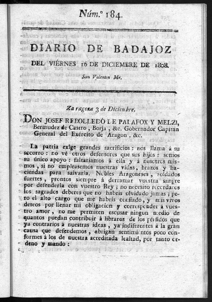 Miniatura de Diario de Badajoz del viernes 16 de diciembre de 1808