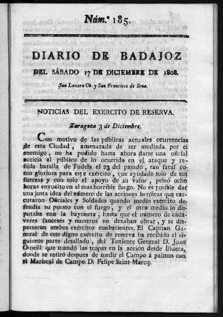 Miniatura de Diario de Badajoz del sábado 17 de diciembre de 1808