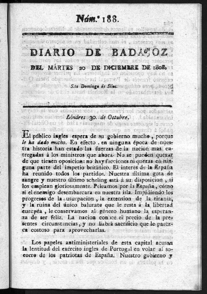Miniatura de Diario de Badajoz del martes 20 de diciembre de 1808