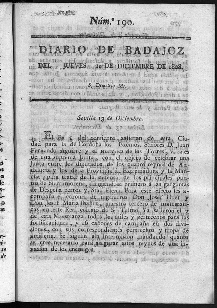 Miniatura de Diario de Badajoz del jueves 22 de diciembre de 1808
