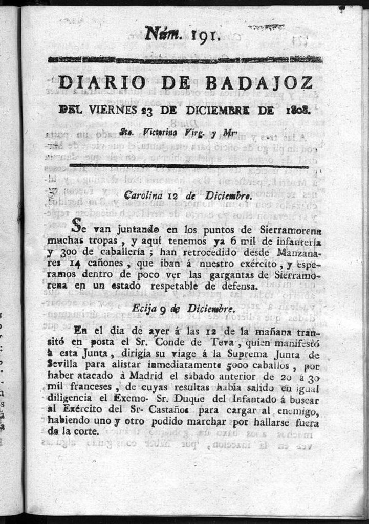 Miniatura de Diario de Badajoz del viernes 23 de diciembre de 1808