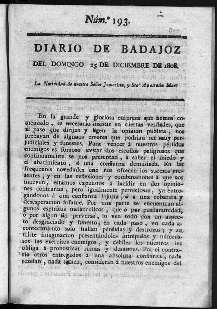 Miniatura de Diario de Badajoz del domingo 25 de diciembre de 1808