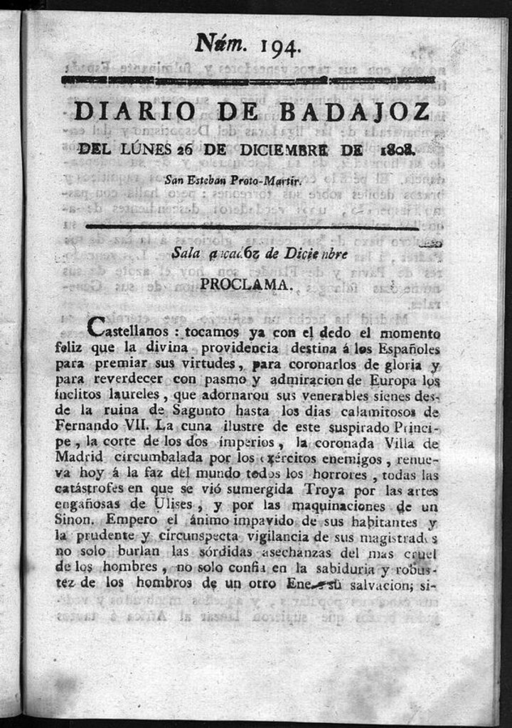 Miniatura de Diario de Badajoz del lunes 26 de diciembre de 1808