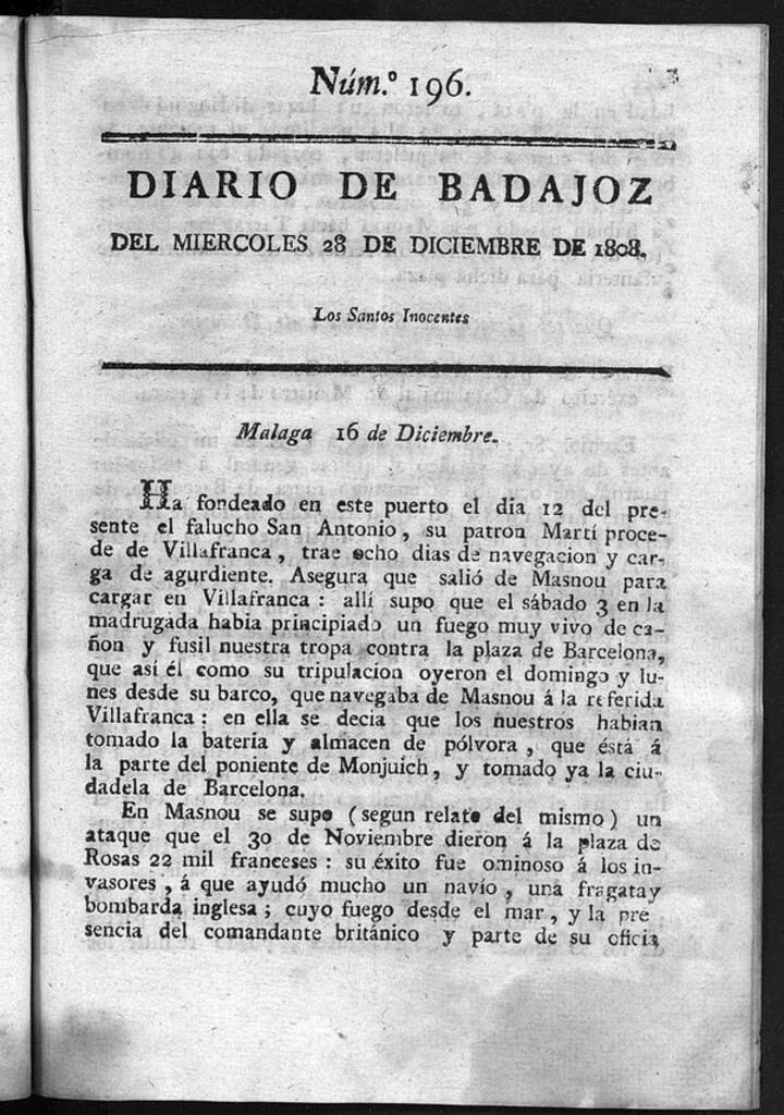 Miniatura de Diario de Badajoz del miércoles 28 de diciembre de 1808