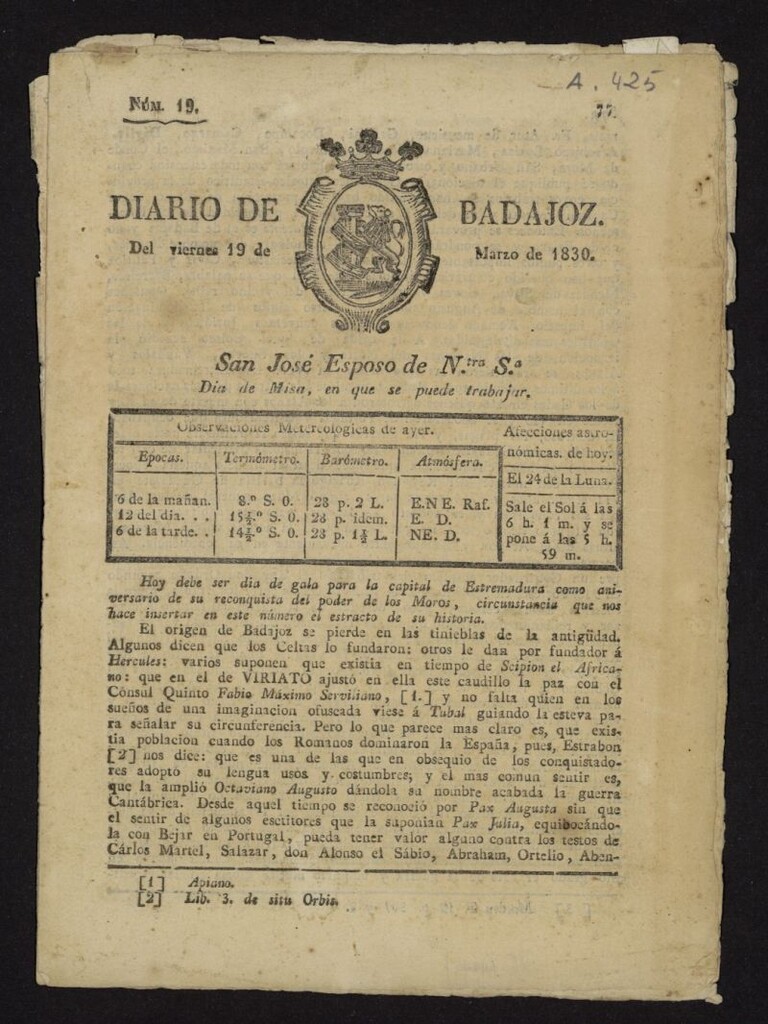 Miniatura de Diario de Badajoz del 19 de marzo de 1830, nº 19
