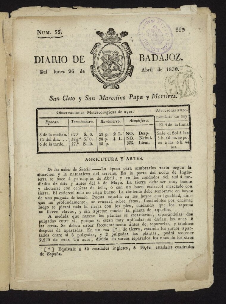 Miniatura de Diario de Badajoz del 26 de abril de 1830, nº 55