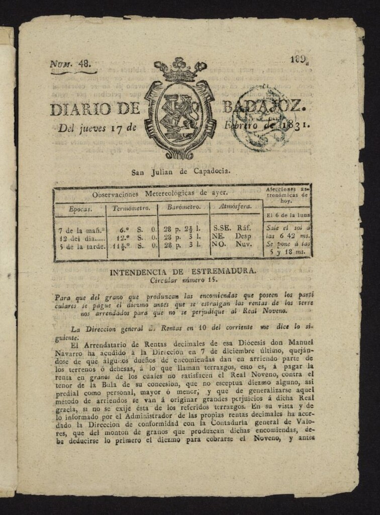 Miniatura de Diario de Badajoz del 17 de febrero de 1831, nº 48