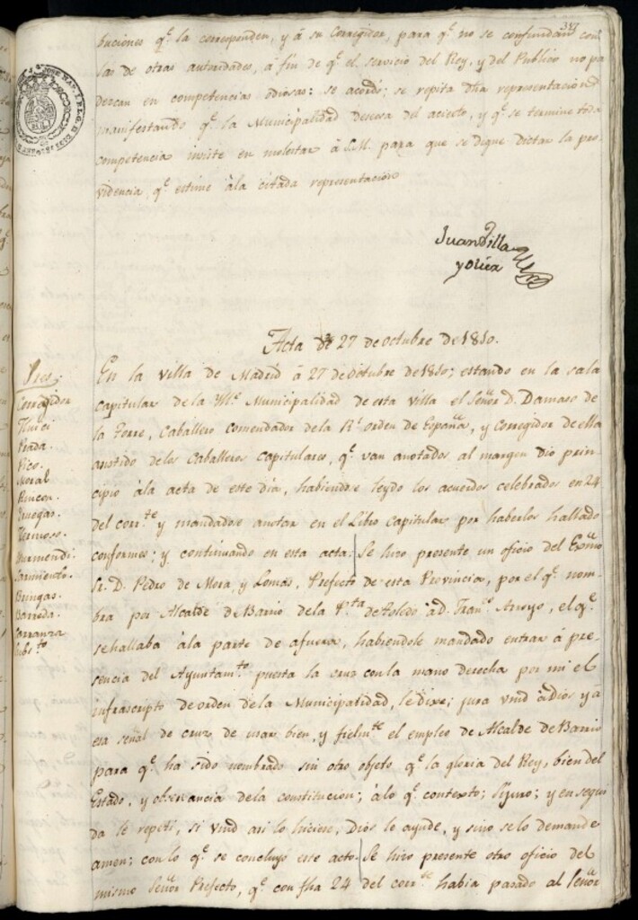 Miniatura de Libro de Acuerdos del Ayuntamiento de Madrid del 27 de octubre de 1810