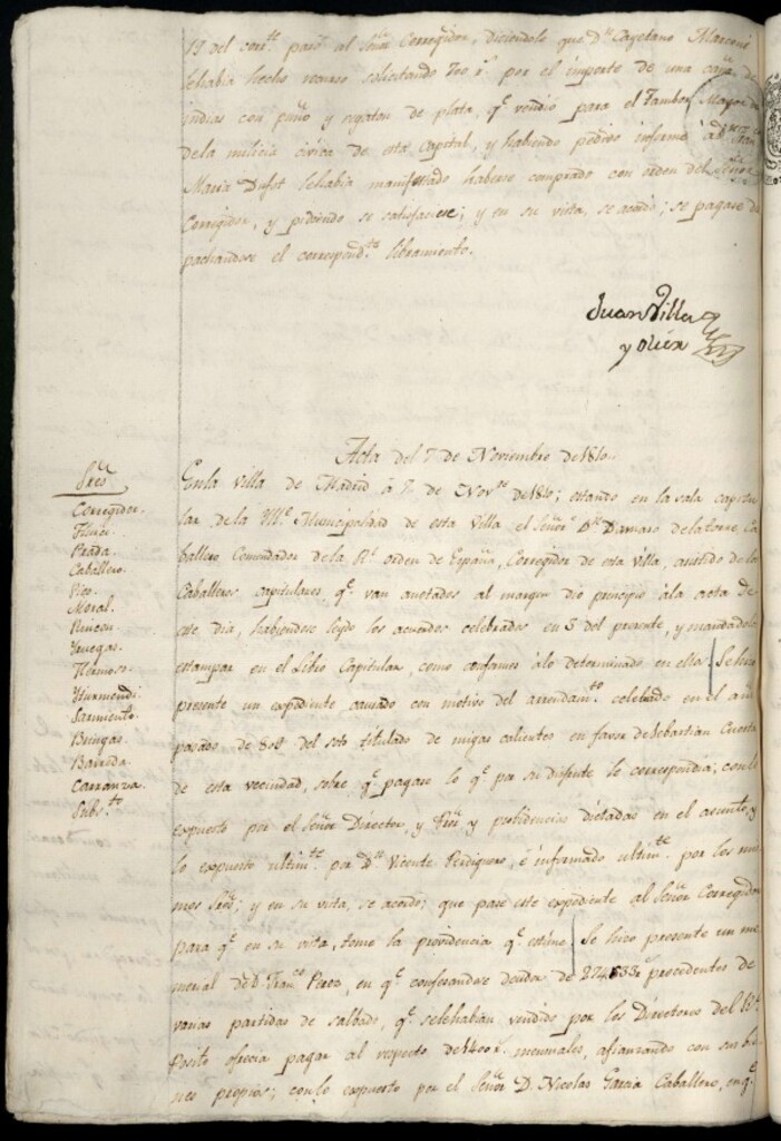 Miniatura de Libro de Acuerdos del Ayuntamiento de Madrid del 7 de noviembre de 1810
