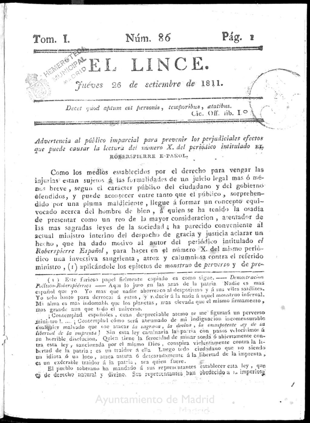 Miniatura de El Lince del jueves 26 de septiembre de 1811