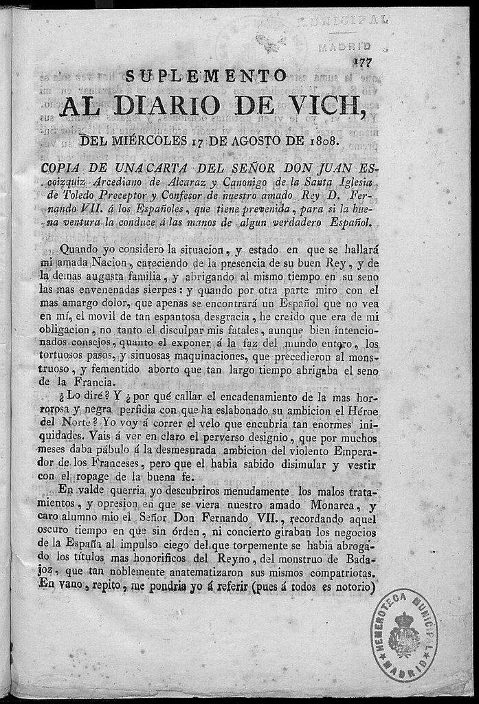 Miniatura de Diario de Vich del miércoles 17 de agosto de 1808. Suplemento