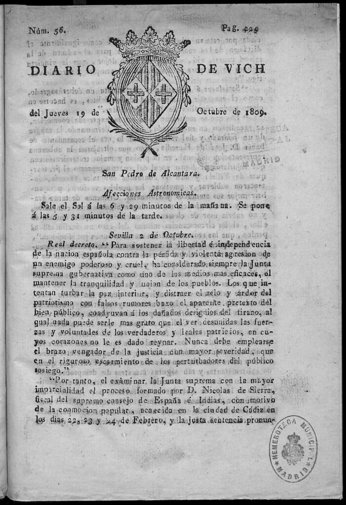 Miniatura de Diario de Vich del jueves 19 de octubre de 1809