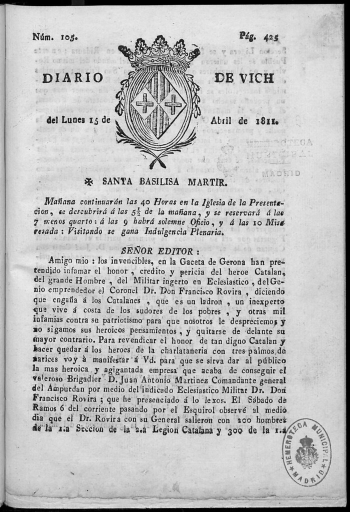 Miniatura de Diario de Vich del lunes 15 de abril de 1811