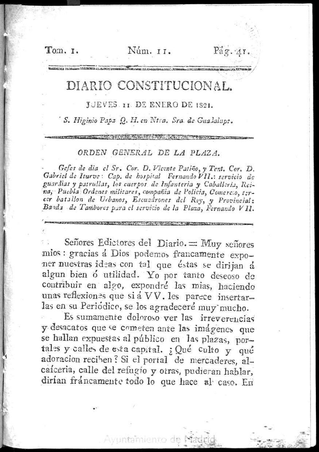 Miniatura de Diario Constitucional del 11 de enero de 1821