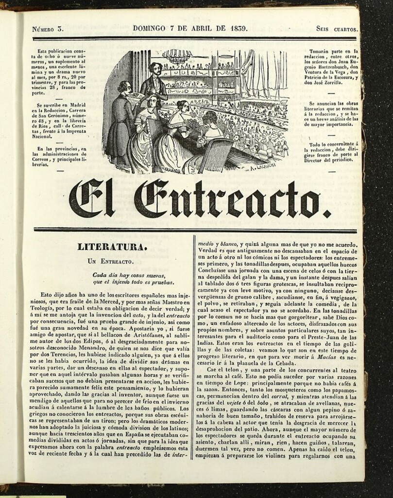 Miniatura de El Entreacto: Periódico de teatro, literatura y artes del 7 de abril de 1839