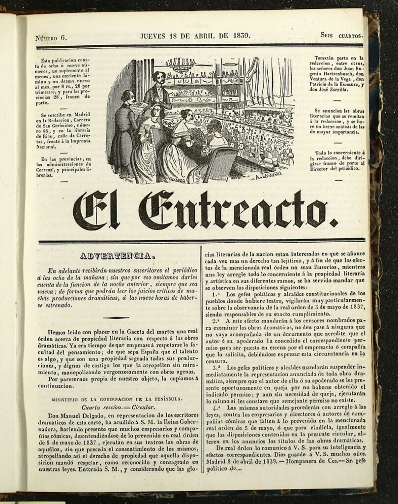 Miniatura de El Entreacto: Periódico de teatro, literatura y artes del 18 de abril de 1839