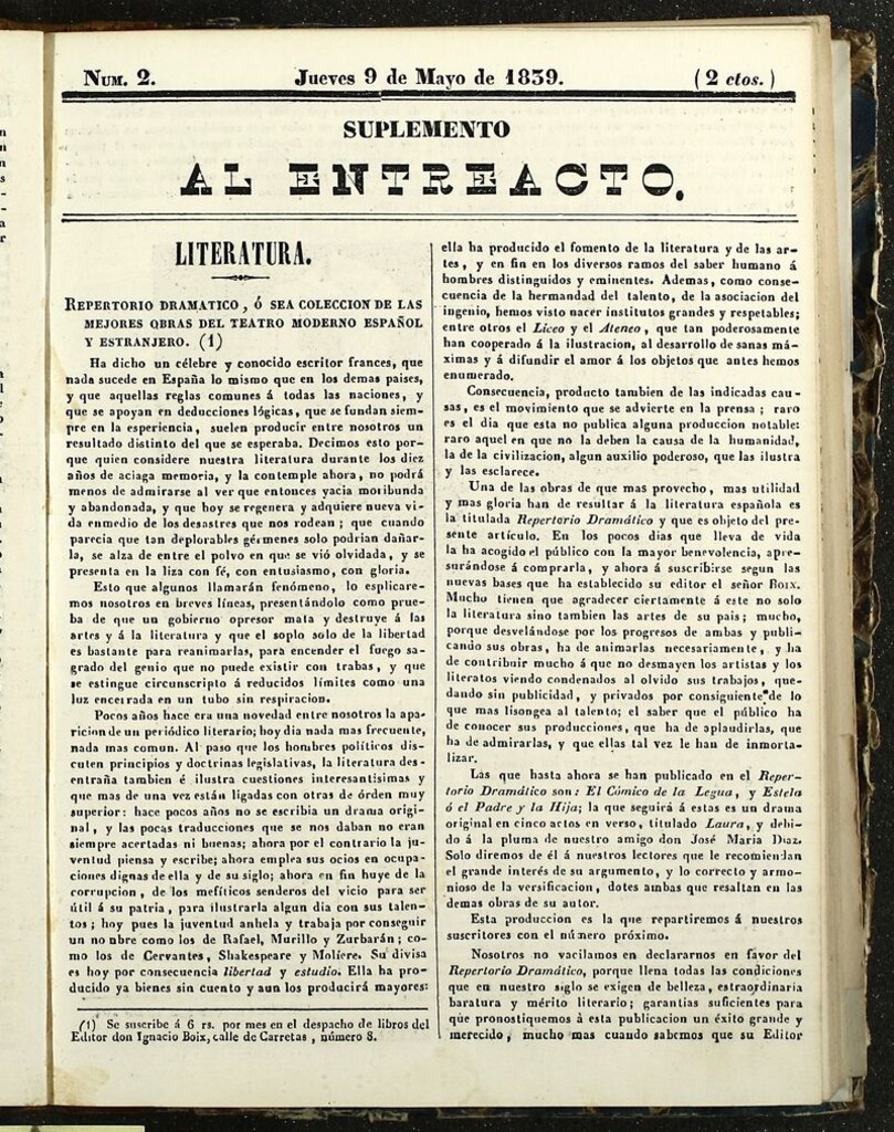 Miniatura de El Entreacto: Periódico de teatro, literatura y artes del 9 de mayo de 1839