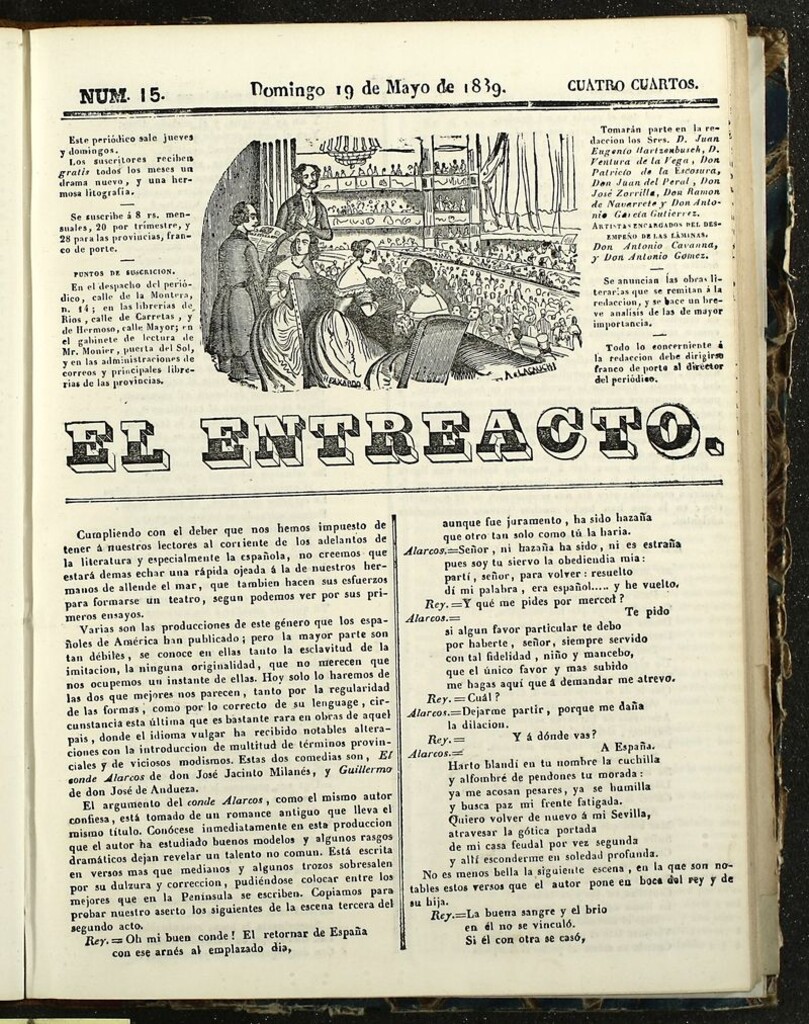 Miniatura de El Entreacto: Periódico de teatro, literatura y artes del 19 de mayo de 1839