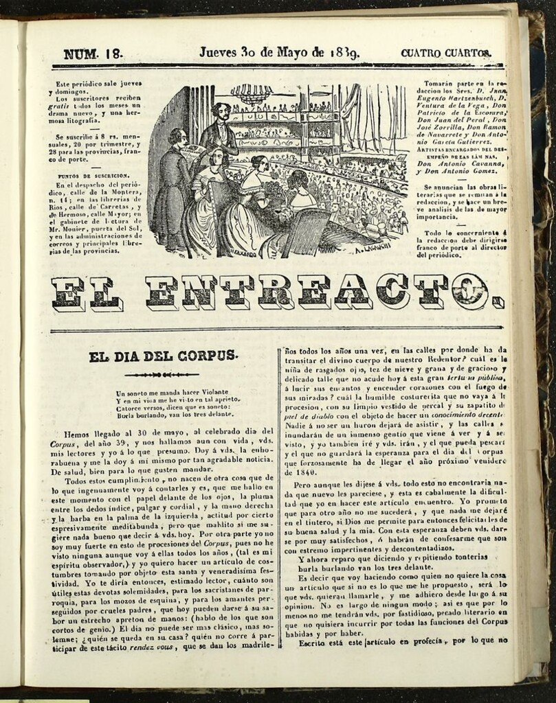Miniatura de El Entreacto: Periódico de teatro, literatura y artes del 30 de mayo de 1839