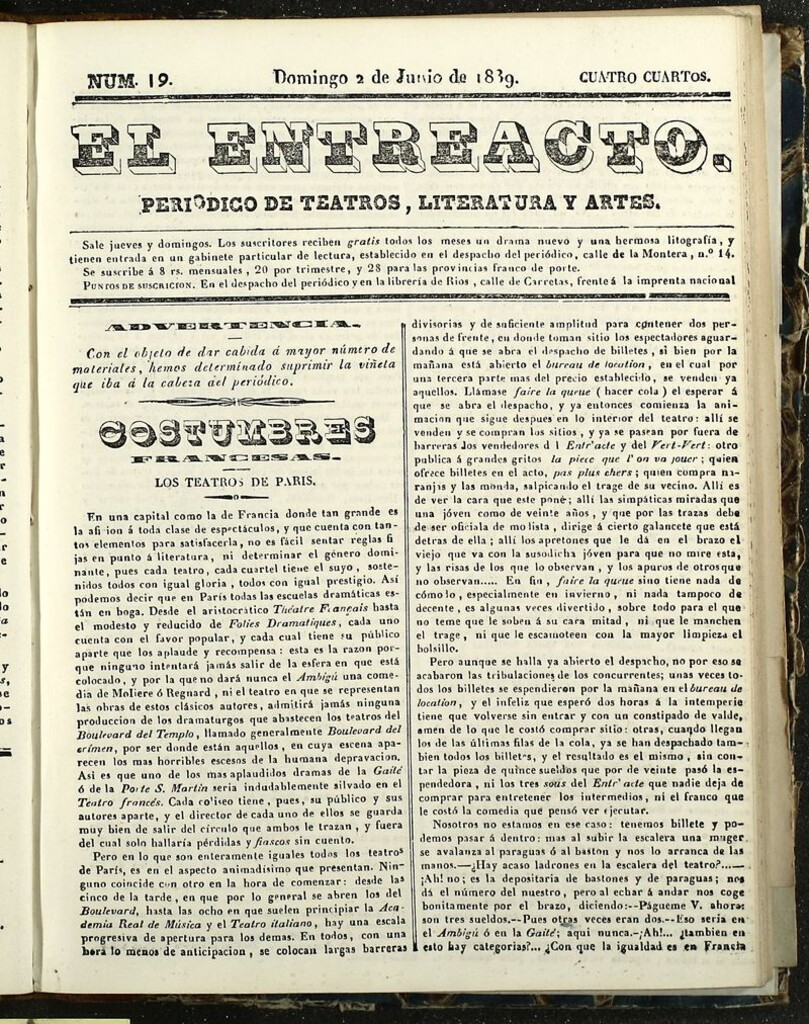 Miniatura de El Entreacto: Periódico de teatro, literatura y artes del 6 de junio de 1839
